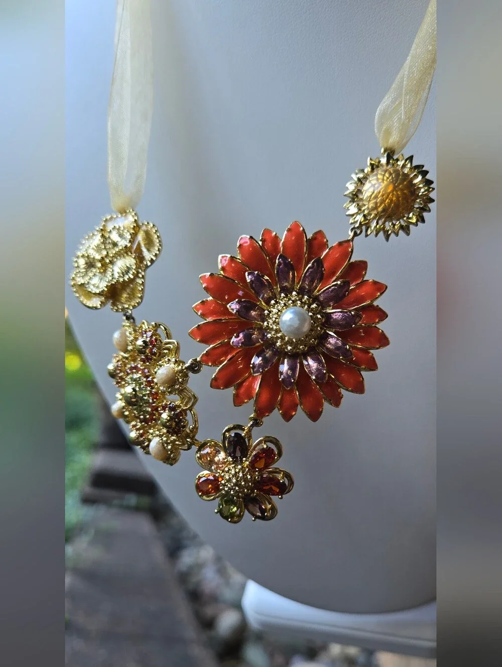 Lenox Vintage Enamel Crystal flower and ribbon necklace